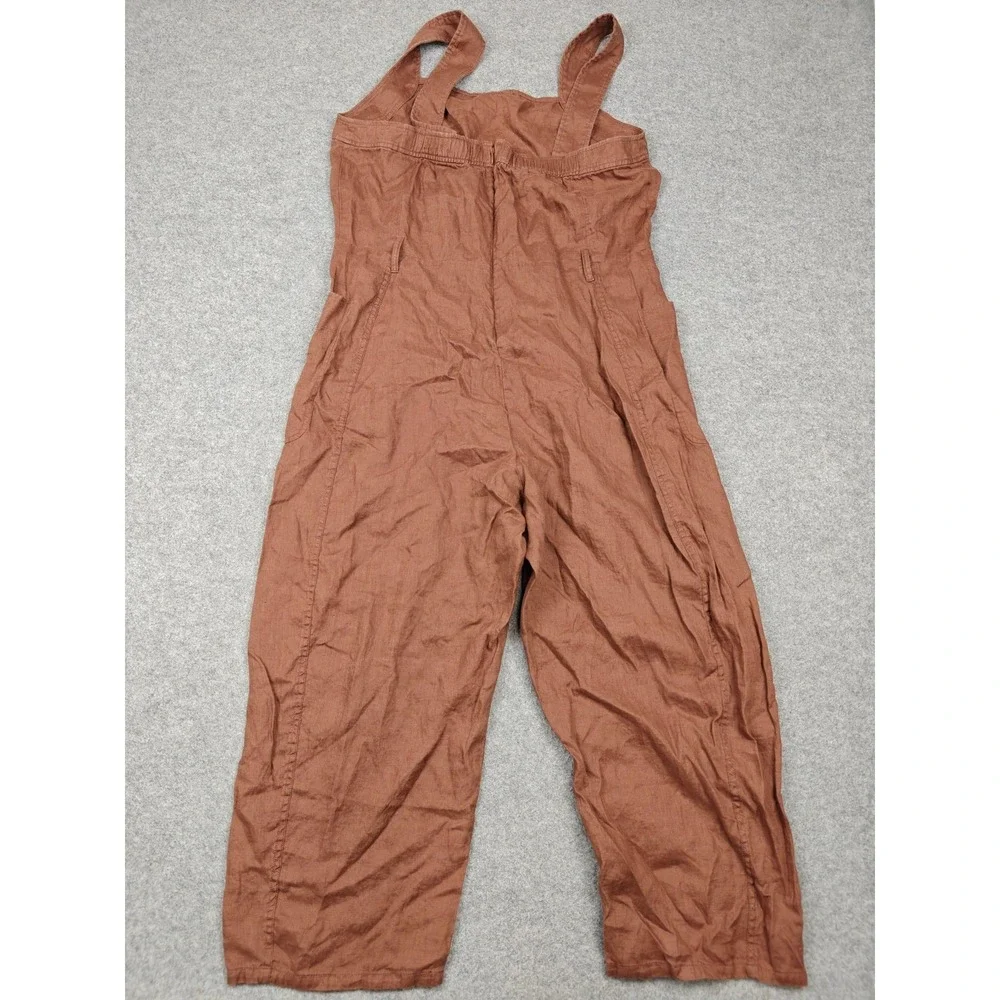 Everlane Jumpsuit Womens 16 Brown Linen Square Neck Sleeveless Wide Leg Pockets